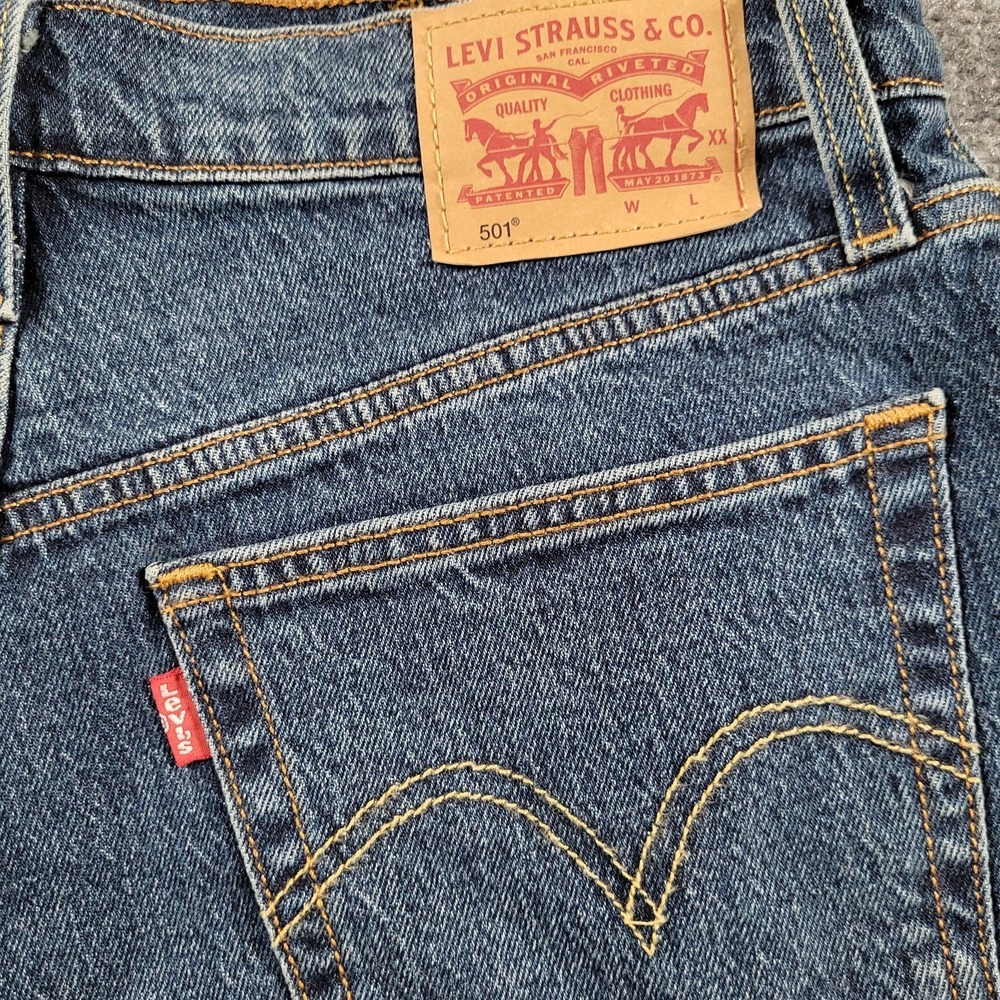 Levis 501 Cutoff Shorts Womens 28 Blue Denim Distressed Button Fly Frayed Hem